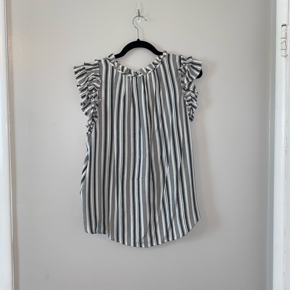 LOFT Black and White Striped Blouse Top with Ruffle Sleeve - Picture 3 of 6